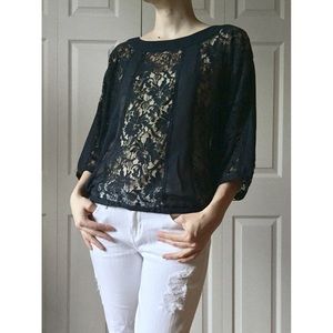 Forever21 Sheer Navy Lace 3/4 Sleeve Blouse